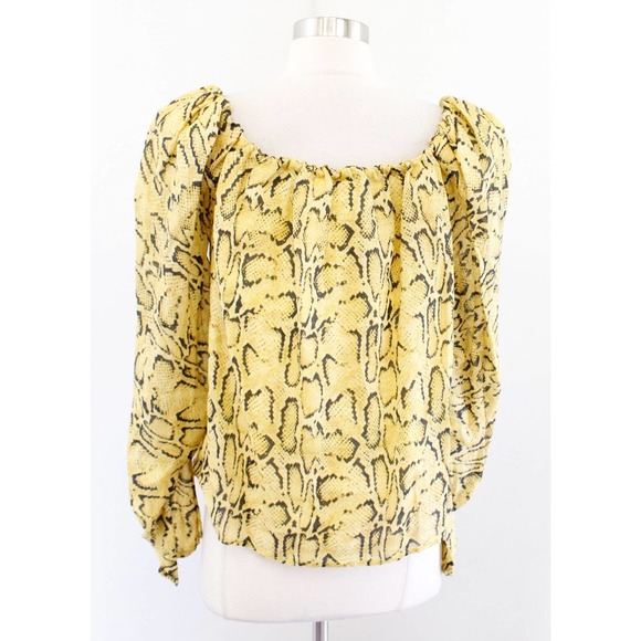 FRAME Off the Shoulder Billow Top in Python Size L Yellow Snakeskin Blouse - Picture 9 of 9